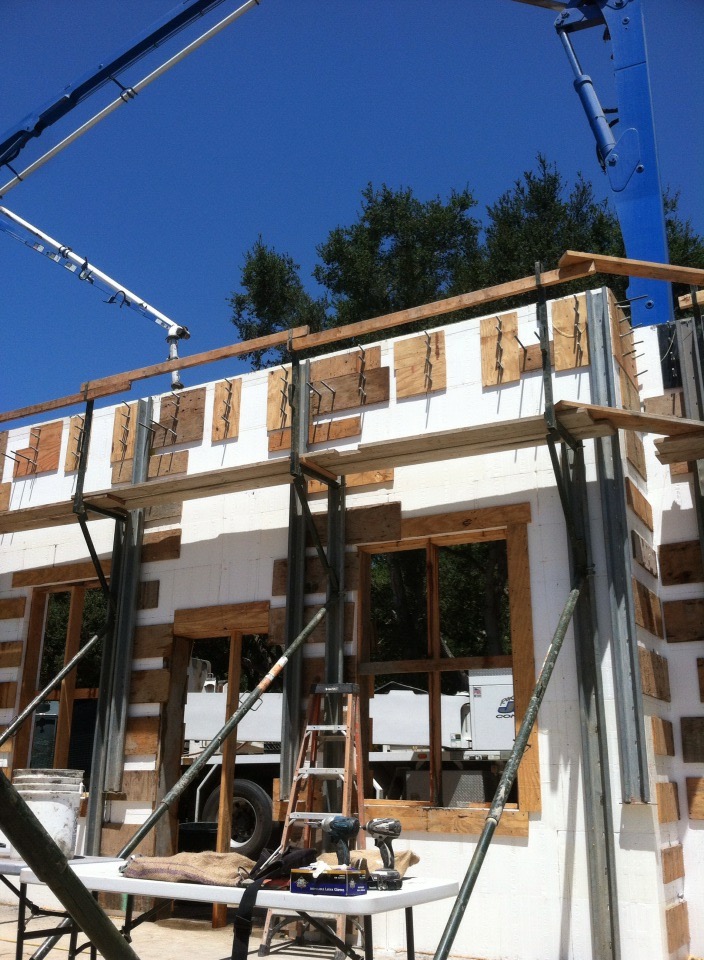 Concrete pump boom over braced ICF walls at Monticito